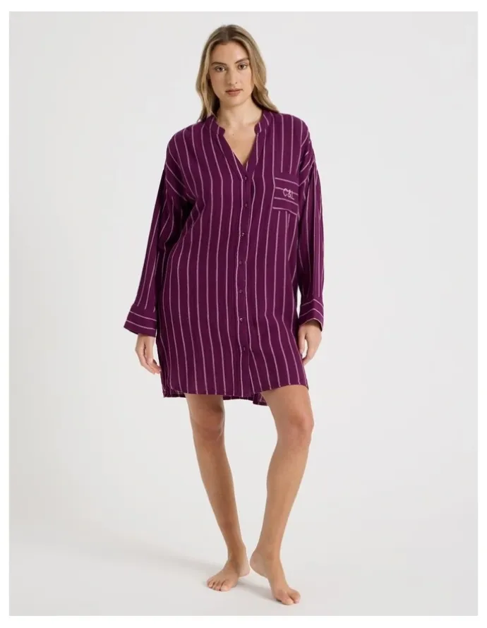 Chloe & Lola Divine Cheesecloth Mandarin Oversized Night Shirt in Magenta Y/D Stripe