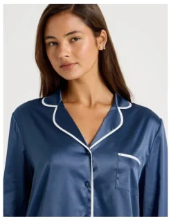 Chloe & Lola Luxe Satin Binding Long Sleeve Long PJ Set in Indigo