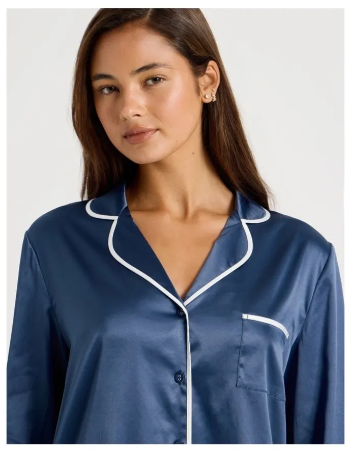 Chloe & Lola Luxe Satin Binding Long Sleeve Long PJ Set in Indigo