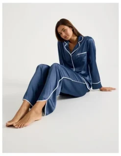 Chloe & Lola Luxe Satin Binding Long Sleeve Long PJ Set in Indigo