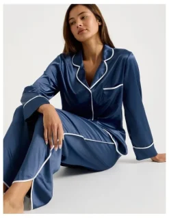 Chloe & Lola Luxe Satin Binding Long Sleeve Long PJ Set in Indigo