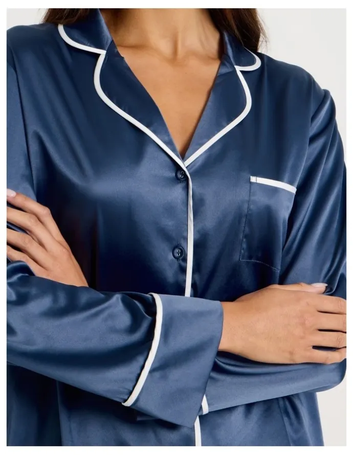 Chloe & Lola Luxe Satin Binding Long Sleeve Long PJ Set in Indigo