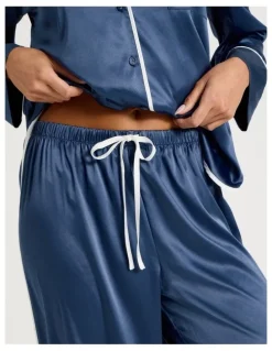 Chloe & Lola Luxe Satin Binding Long Sleeve Long PJ Set in Indigo