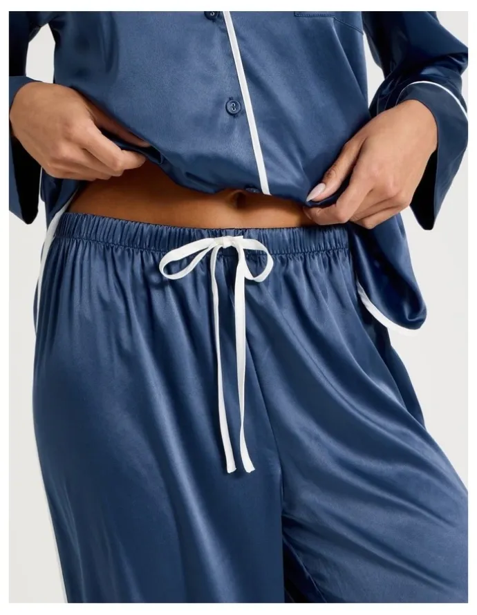 Chloe & Lola Luxe Satin Binding Long Sleeve Long PJ Set in Indigo