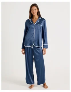 Chloe & Lola Luxe Satin Binding Long Sleeve Long PJ Set in Indigo