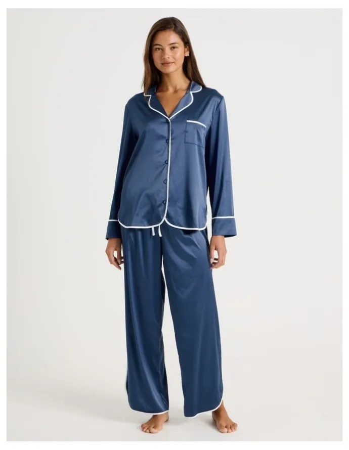 Chloe & Lola Luxe Satin Binding Long Sleeve Long PJ Set in Indigo