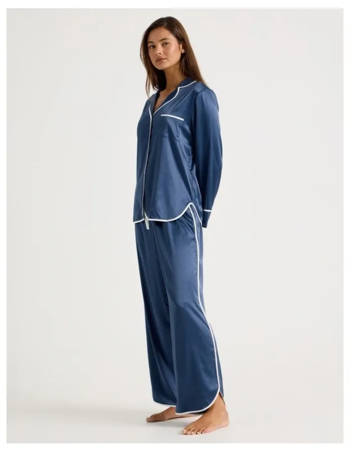 Chloe & Lola Luxe Satin Binding Long Sleeve Long PJ Set in Indigo