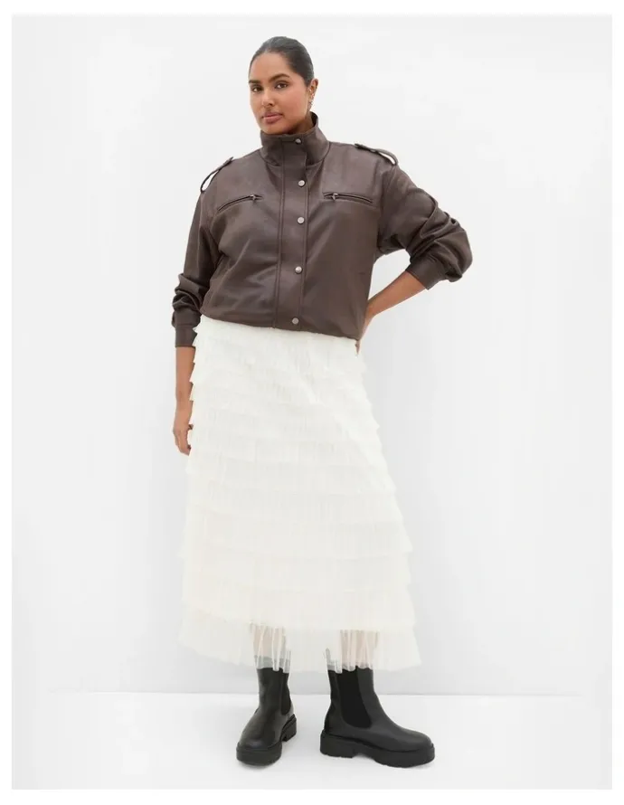 City Chic Averi Tulle Midi Skirt in Vanilla