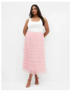 City Chic Averi Tulle Midi Skirt in Rose Quartz