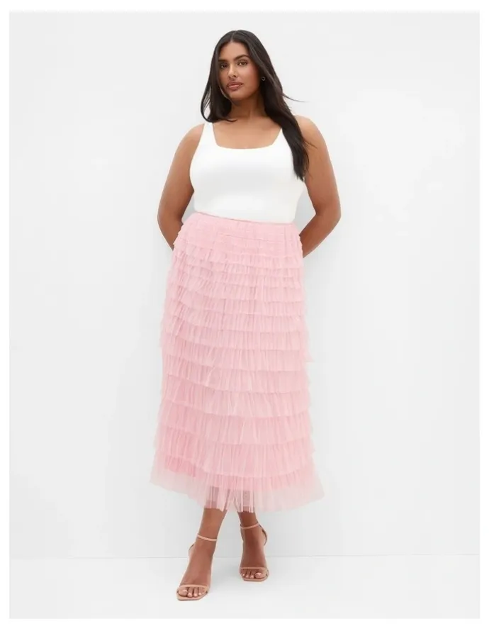 City Chic Averi Tulle Midi Skirt in Rose Quartz