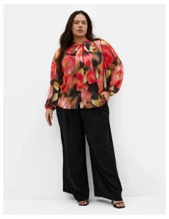 City Chic Celine Print Neck Tie Top in Deep Scarlet