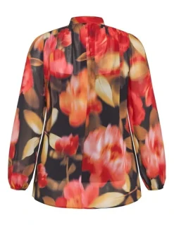 City Chic Celine Print Neck Tie Top in Deep Scarlet