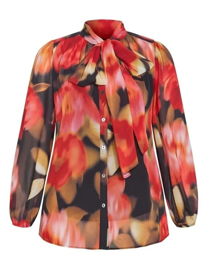 City Chic Celine Print Neck Tie Top in Deep Scarlet
