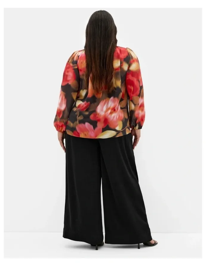 City Chic Celine Print Neck Tie Top in Deep Scarlet