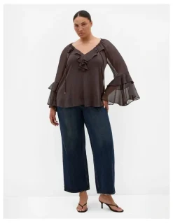 City Chic Glam Frill Top in Espresso