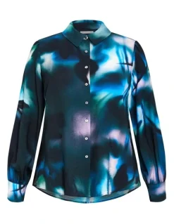City Chic Hayley Haze Print Shirt in Deep Ocean