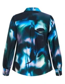 City Chic Hayley Haze Print Shirt in Deep Ocean