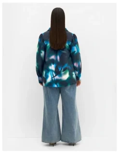 City Chic Hayley Haze Print Shirt in Deep Ocean