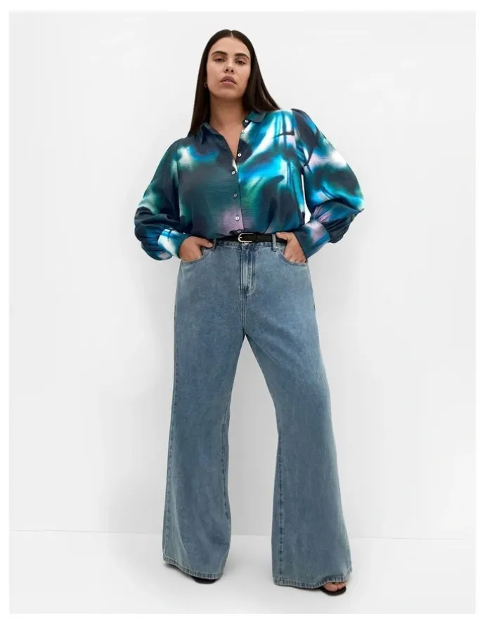 City Chic Hayley Haze Print Shirt in Deep Ocean