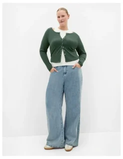 City Chic Lily Button Through Rib Top in Forest