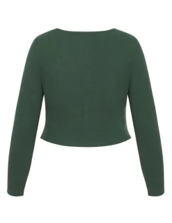 City Chic Lily Button Through Rib Top in Forest
