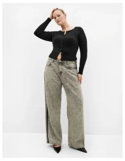 City Chic Lily Button Through Rib Top in Black