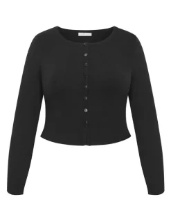 City Chic Lily Button Through Rib Top in Black