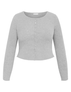 City Chic Lily Button Through Rib Top in Grey Marle