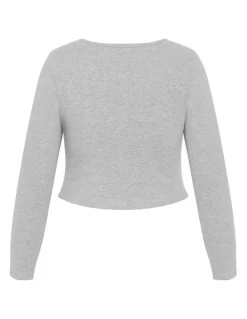 City Chic Lily Button Through Rib Top in Grey Marle