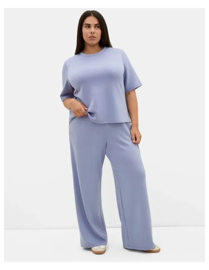 City Chic Mae Wide Leg Track Pant in Dusty Blue