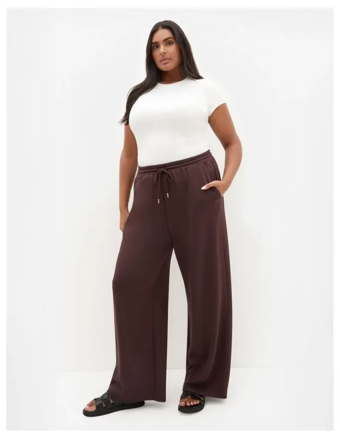 City Chic Mae Wide Leg Track Pant in Espresso
