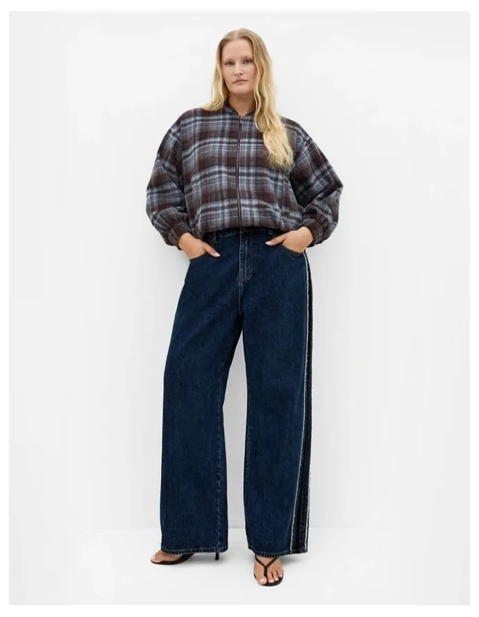 City Chic Mila Check Bomber Jacket in Tobacco