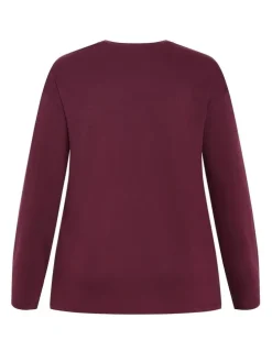 City Chic Oversized Amsterdam Long Sleeve Cotton Tee in Dark Cherry