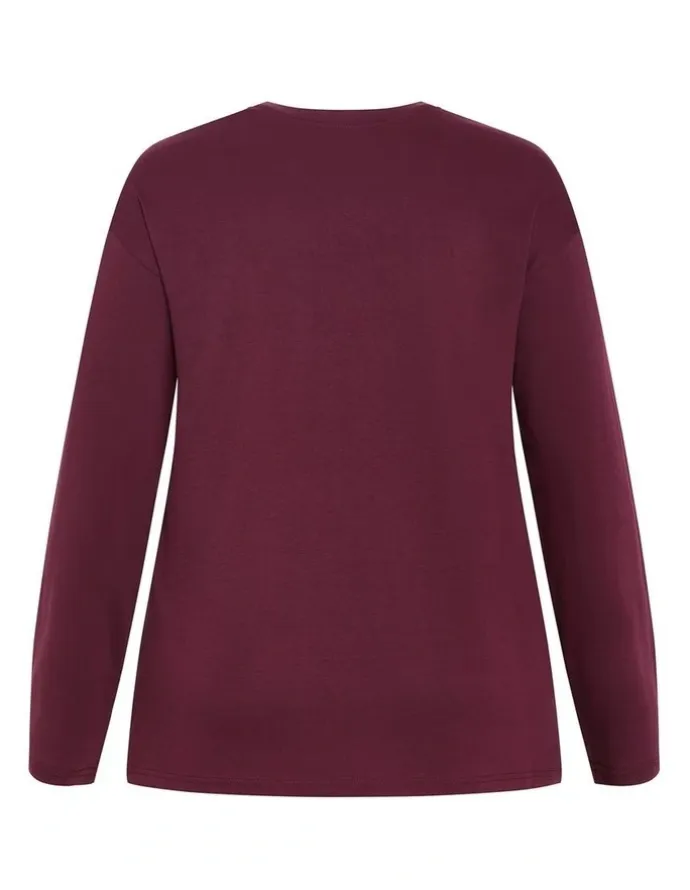 City Chic Oversized Amsterdam Long Sleeve Cotton Tee in Dark Cherry