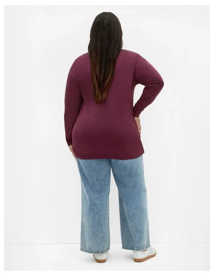 City Chic Oversized Amsterdam Long Sleeve Cotton Tee in Dark Cherry