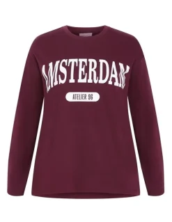 City Chic Oversized Amsterdam Long Sleeve Cotton Tee in Dark Cherry