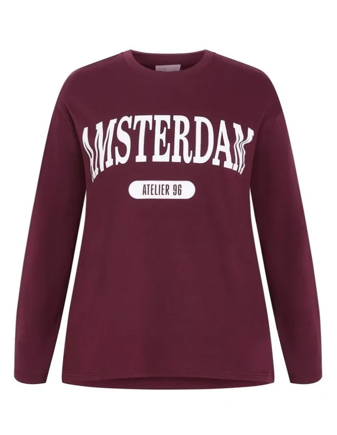 City Chic Oversized Amsterdam Long Sleeve Cotton Tee in Dark Cherry