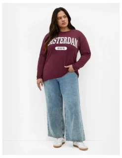 City Chic Oversized Amsterdam Long Sleeve Cotton Tee in Dark Cherry