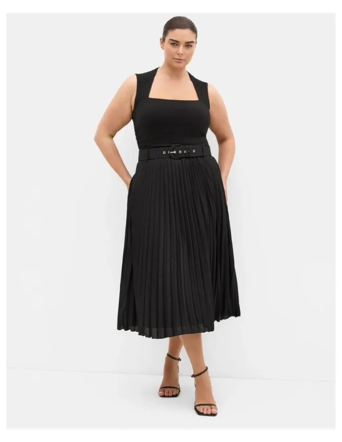 City Chic Petra Pleat Midi Skirt in Black