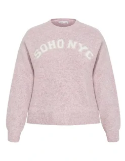 City Chic Soho Crew Knit Jumper in Pink Marle