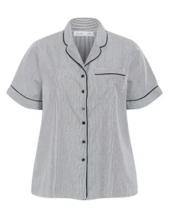 City Chic Stripe Cotton Pyjama Shirt in Charcoal