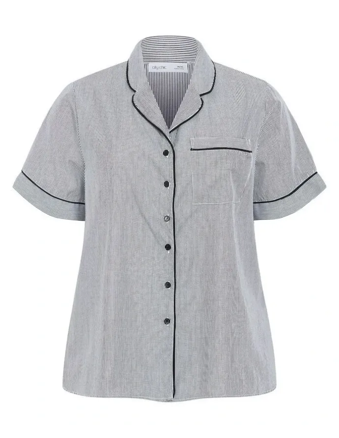 City Chic Stripe Cotton Pyjama Shirt in Charcoal