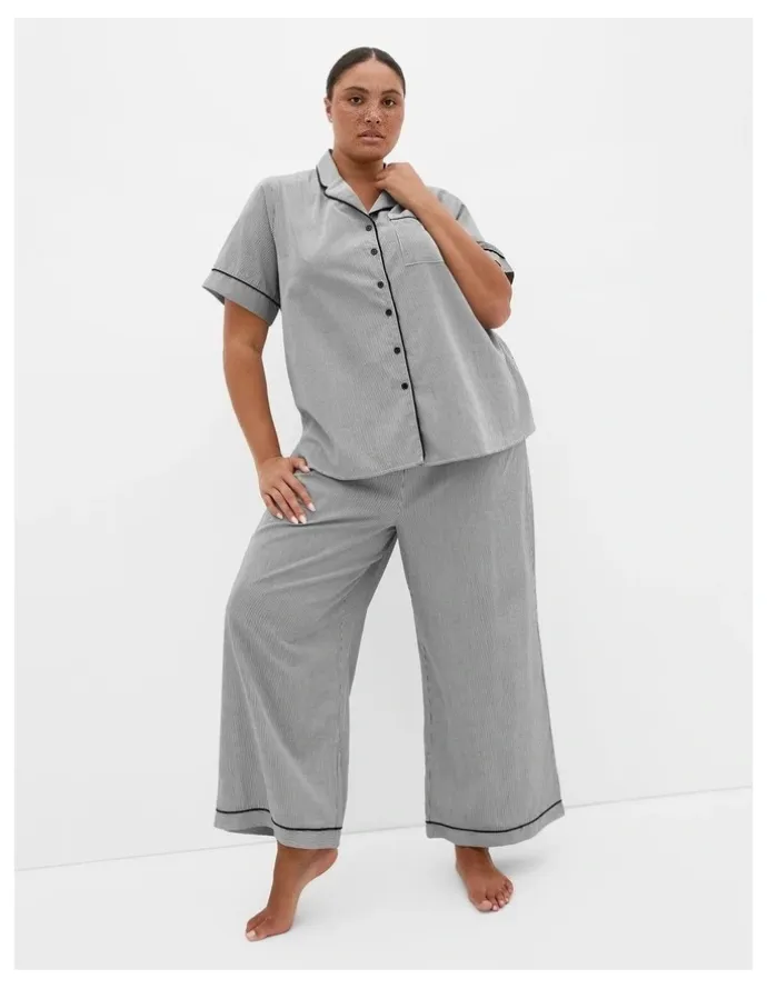 City Chic Stripe Cotton Pyjama Shirt in Charcoal