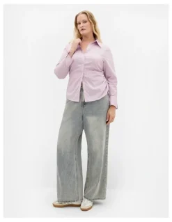 City Chic Tayla Side Cinched Stripe Shirt in Blush Pink