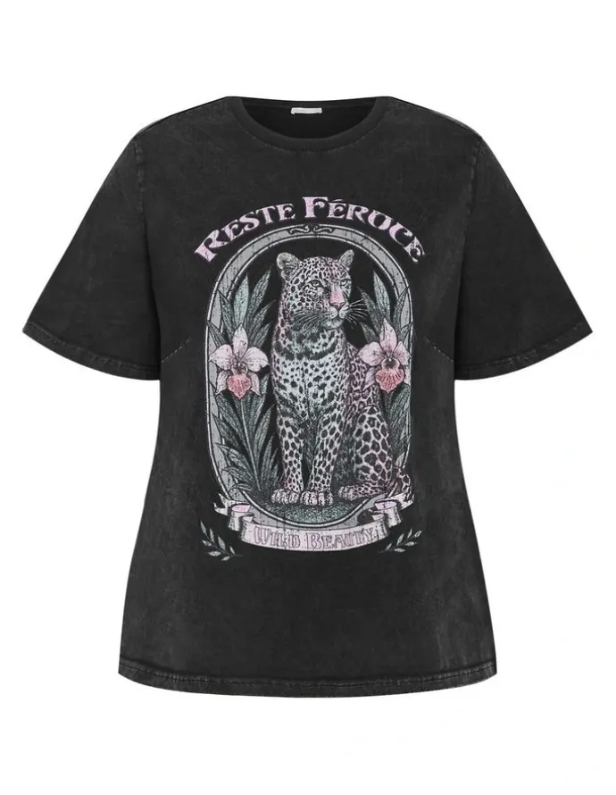 City Chic Wild Beauty Tee in Black Acid Wash
