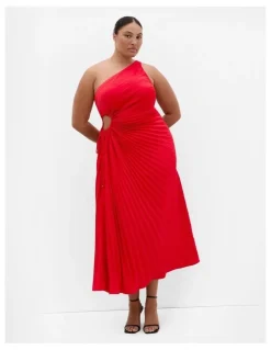 City Chic Aliza One Shoulder Pleat Maxi Dress in Red
