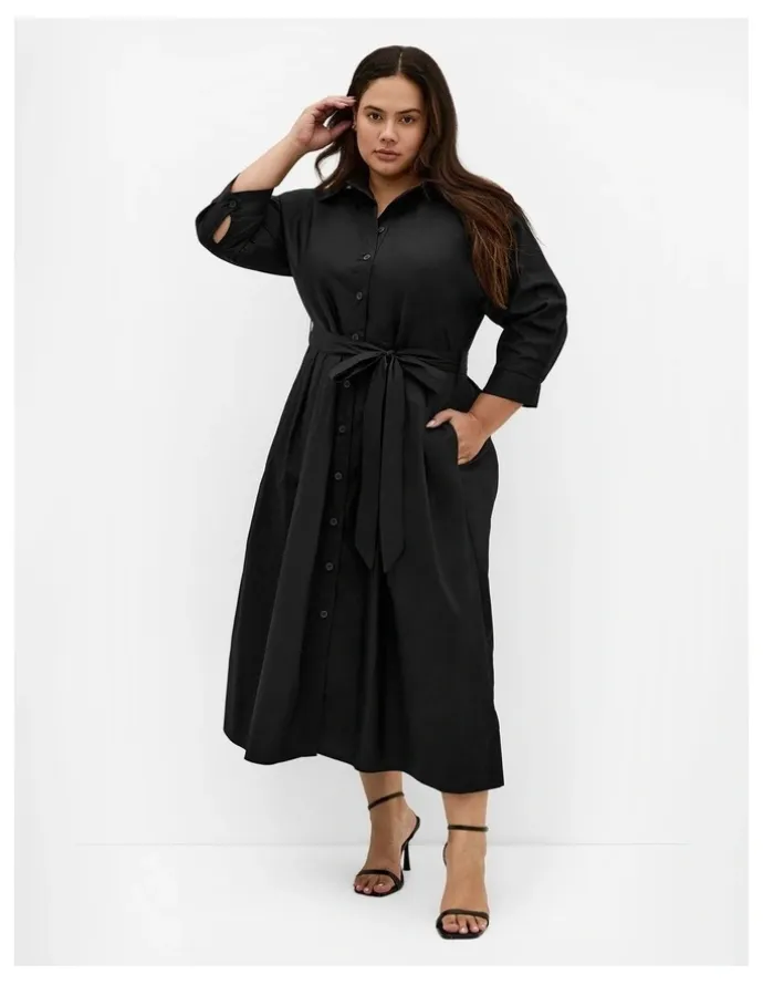 City Chic Angel Cotton Shirt Dress in Black