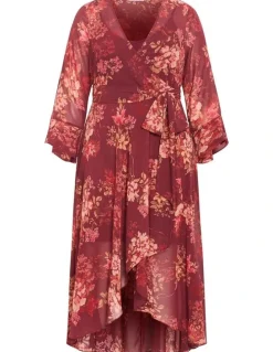 City Chic Bloom Print Wrap Maxi Dress in Rust