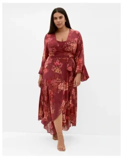 City Chic Bloom Print Wrap Maxi Dress in Rust