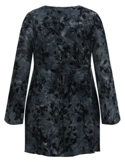 City Chic Devore Flock Print Mini Dress in Smoke